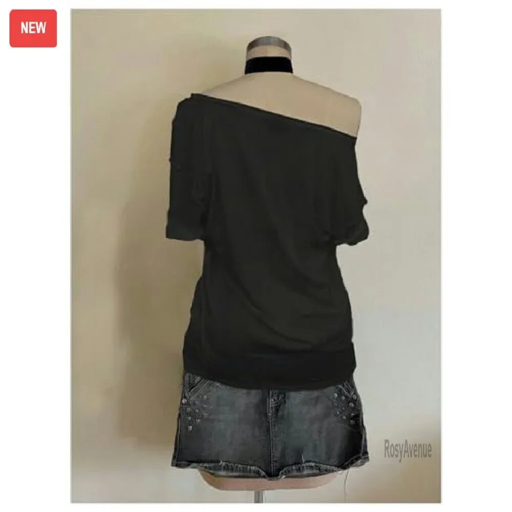 Oversized Off Shoulder Graphic Tee Short Sleeve Y2K Goth T-Shirt - Picture 3 of 6